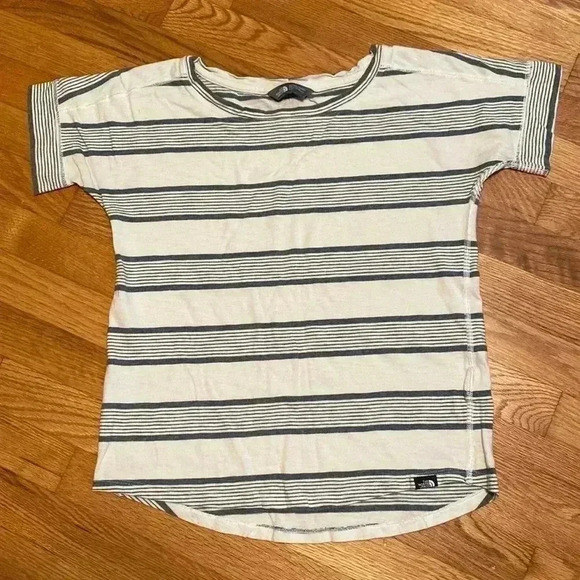 The North Face Tops - Woman’s North Face Blue & White Striped Short Sleeve Cotton Shirt in Size Small.